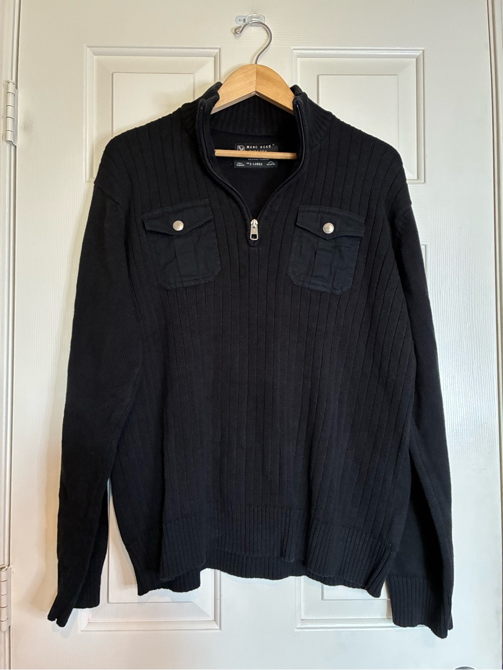 Marc Ecko Men’s Black Ribbed Half-Zip Sweater with Chest Pockets